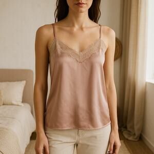 Anthropologie Satin Cami Top M Lace Trim Camisole Blush Pink